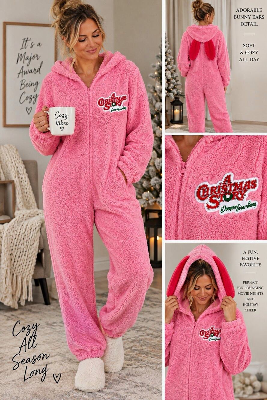 A Christmas Story Pink Bunny Hooded Plush Jumpsuit Pajama Costume Holiday Size M